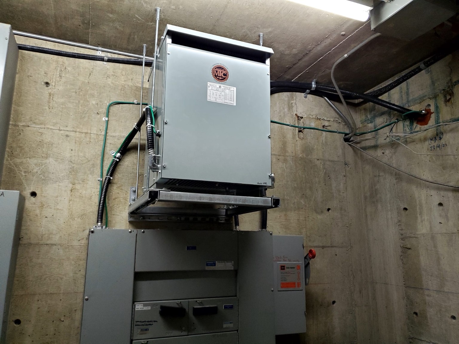 Transformer and electrical panel installation.